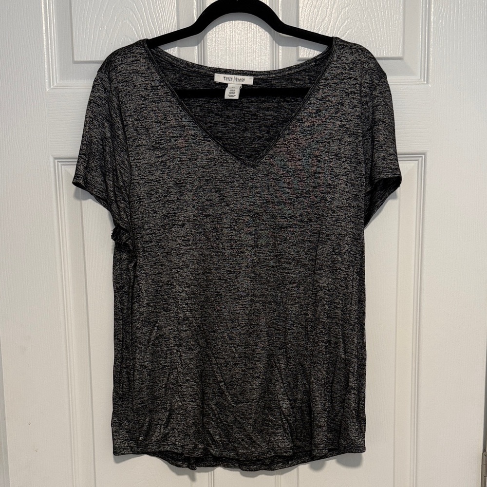 White House Black Market Black Silver Heather V-Neck Short Sleeve Tee